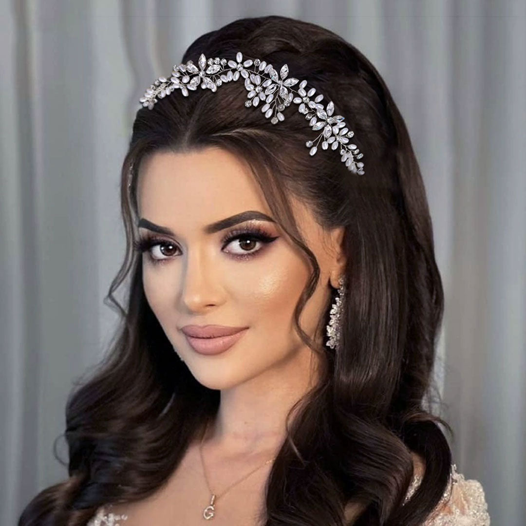 Opulent Faux Pearl Embellished Crystal Floral Bridal Hair Vine