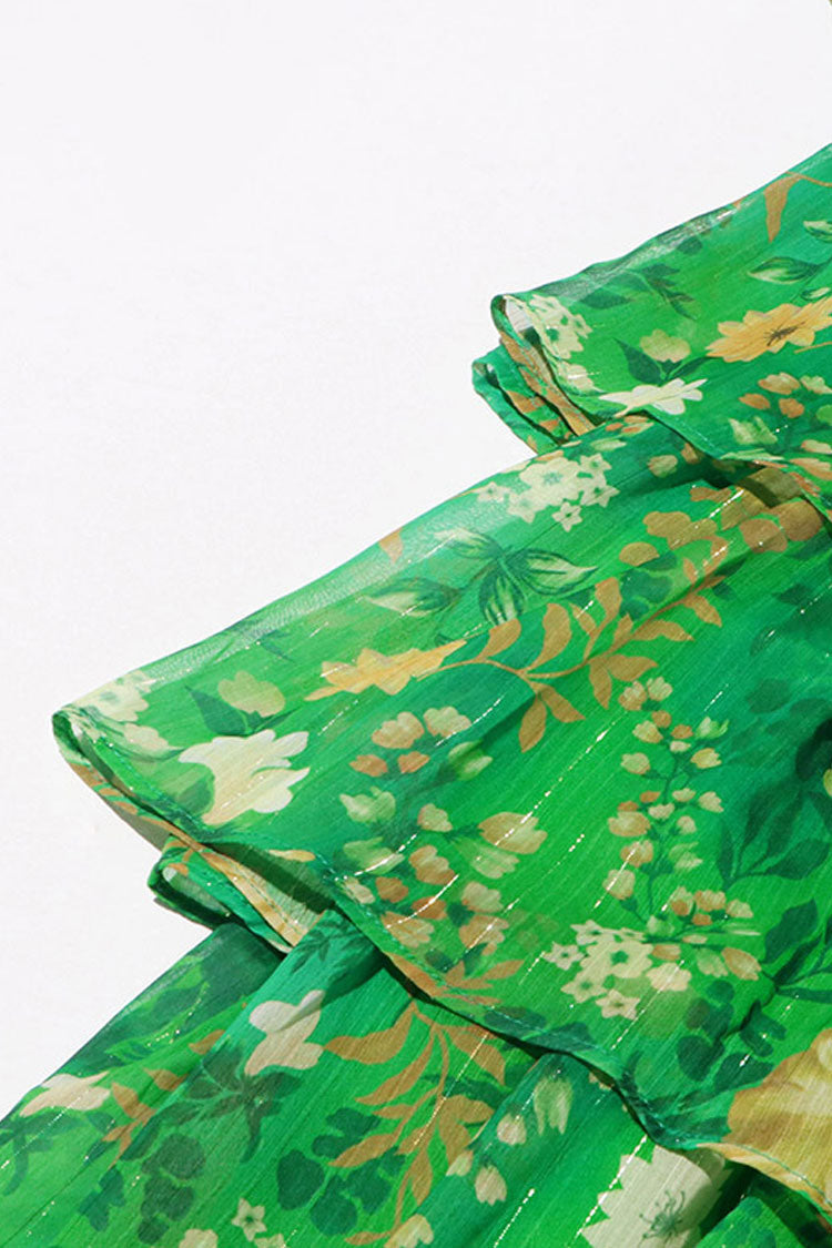 Opulent Smocked Tube Lurex Chiffon Floral Tiered Beach Vacation Maxi Dress