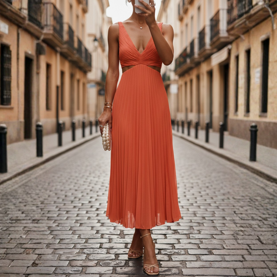 Deep V-Neck Cut Out Pleated Chiffon Maxi Dress