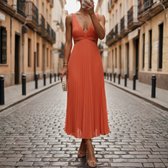 Deep V-Neck Cut Out Pleated Chiffon Maxi Dress