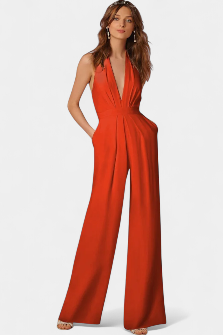 Deep V-Neck Halter Wide Leg Jumpsuit