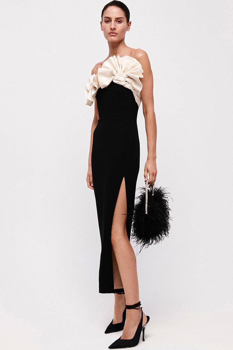Strapless Contrast Pleated Ruffle Bust High Split Midi Dress