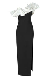 Oriental Pleated Fan Contrast Strapless Side Split Cocktail Party Midi Dress - Black 2