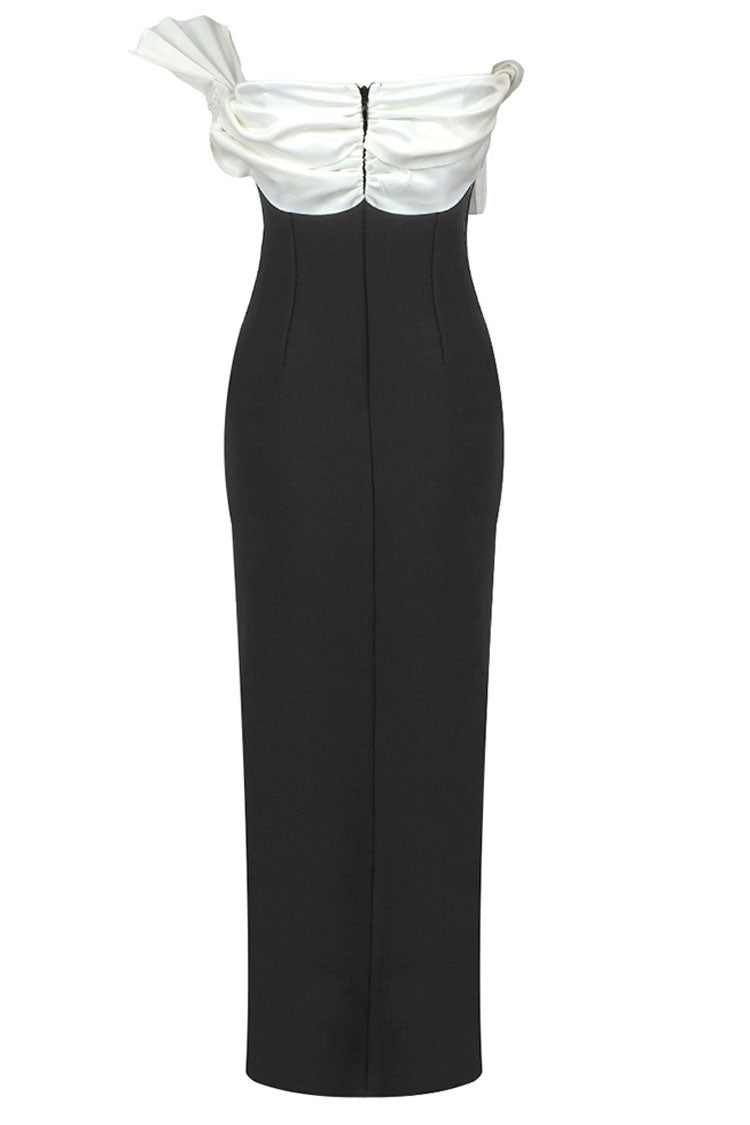 Oriental Pleated Fan Contrast Strapless Side Split Cocktail Party Midi Dress - Black 3