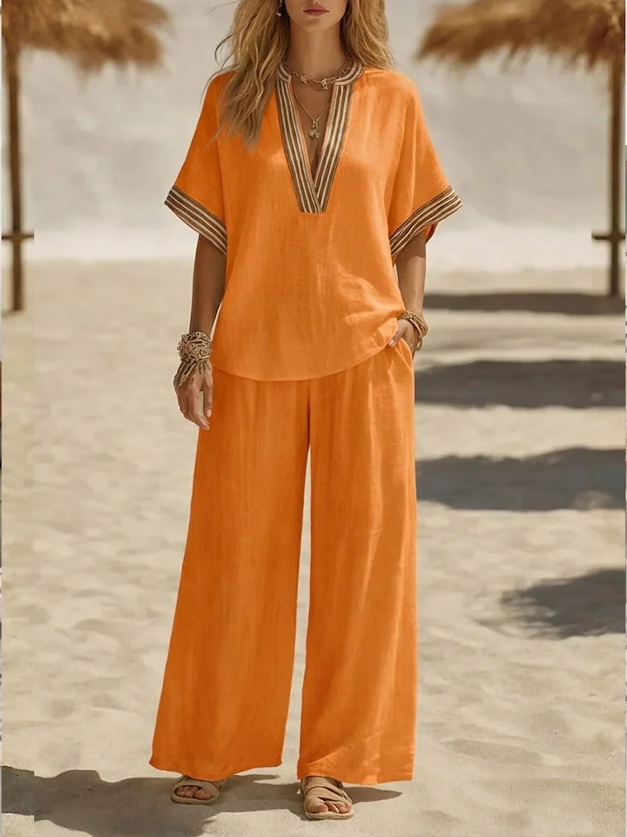 Contrast Stripe V-Neck Top and Wide Leg Pants Two Piece Set
