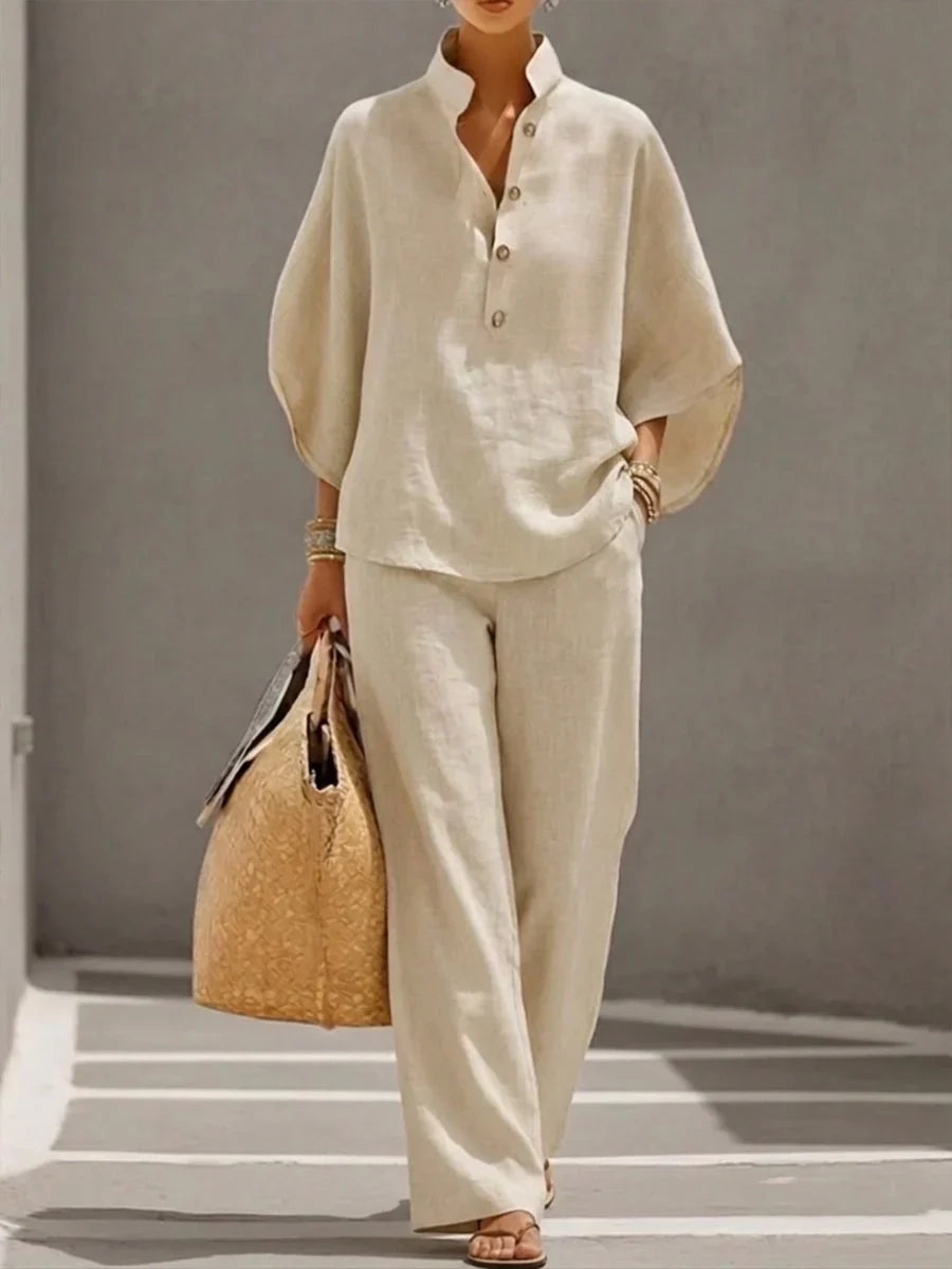 Stand Collar Button Front Top and Wide Leg Pants Two Piece Set