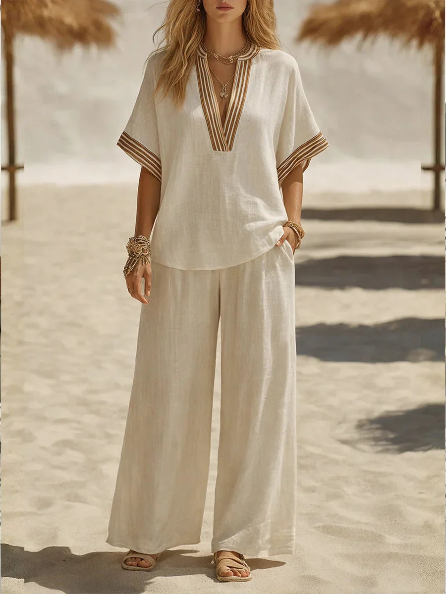 Contrast Stripe V-Neck Top and Wide Leg Pants Two Piece Set
