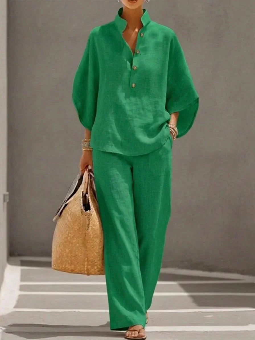 Stand Collar Button Front Top and Wide Leg Pants Two Piece Set
