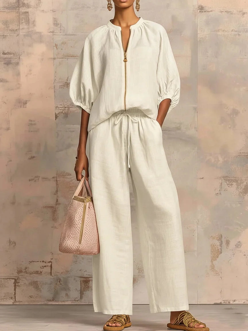 Zip Front Half Sleeve Top and Wide Leg Pants Two Piece Set