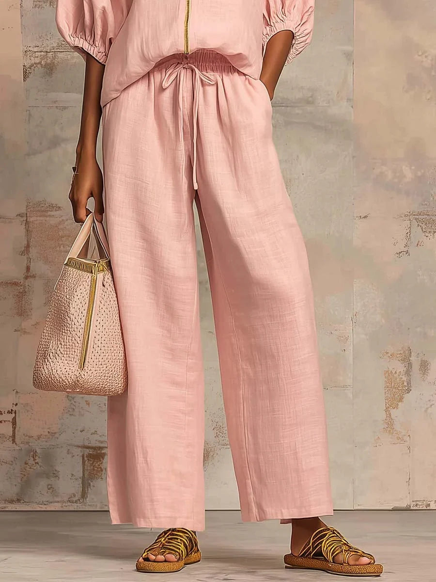 Zip Front Half Sleeve Top and Wide Leg Pants Two Piece Set