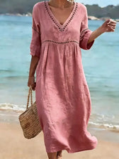V-Neck Half Sleeve Crochet Trim Loose Maxi Beach Dress 4