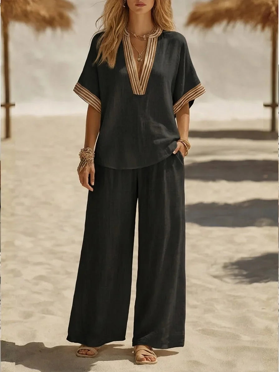 Contrast Stripe V-Neck Top and Wide Leg Pants Two Piece Set