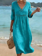 V-Neck Half Sleeve Crochet Trim Loose Maxi Beach Dress 9