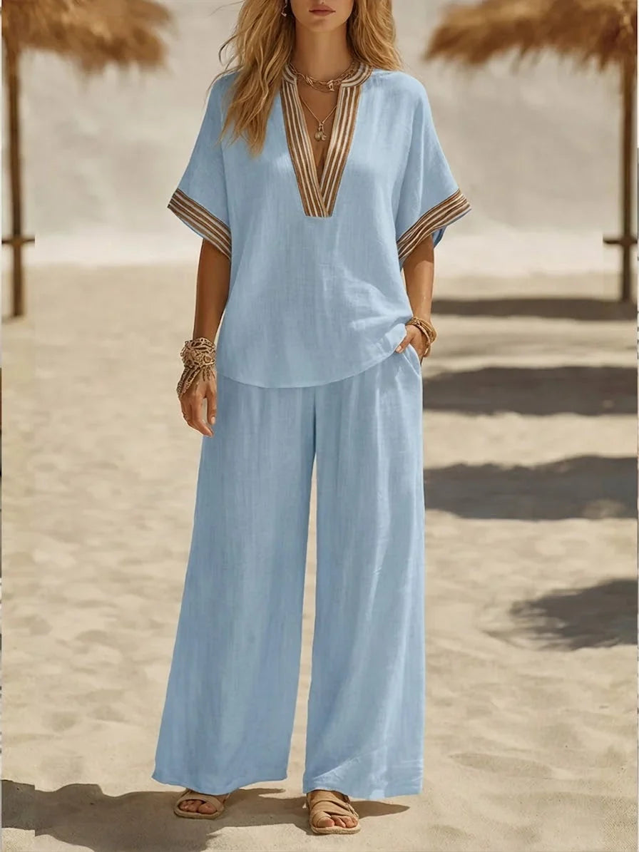 Contrast Stripe V-Neck Top and Wide Leg Pants Two Piece Set