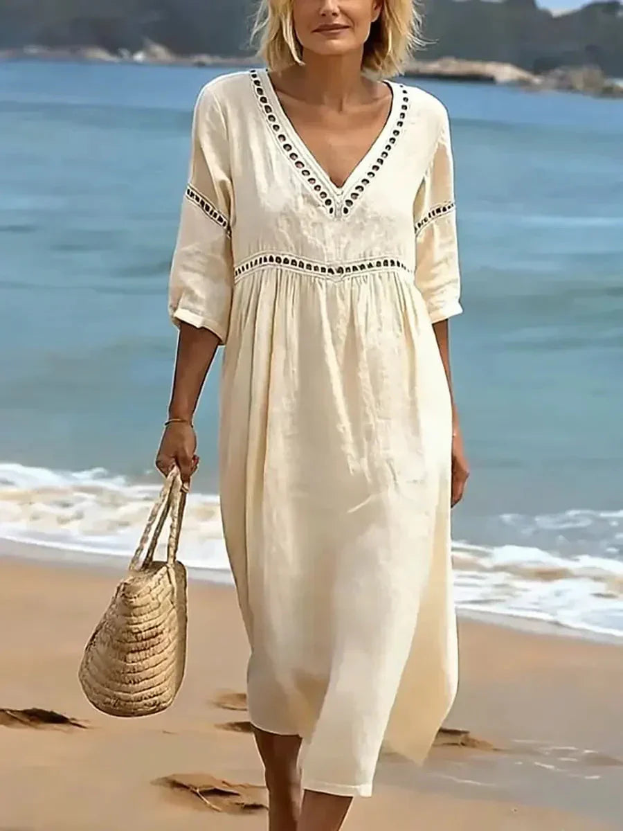 V-Neck Half Sleeve Crochet Trim Loose Maxi Beach Dress 2