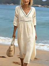 V-Neck Half Sleeve Crochet Trim Loose Maxi Beach Dress 2