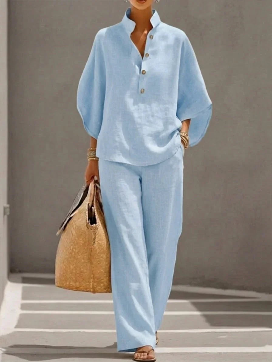 Stand Collar Button Front Top and Wide Leg Pants Two Piece Set