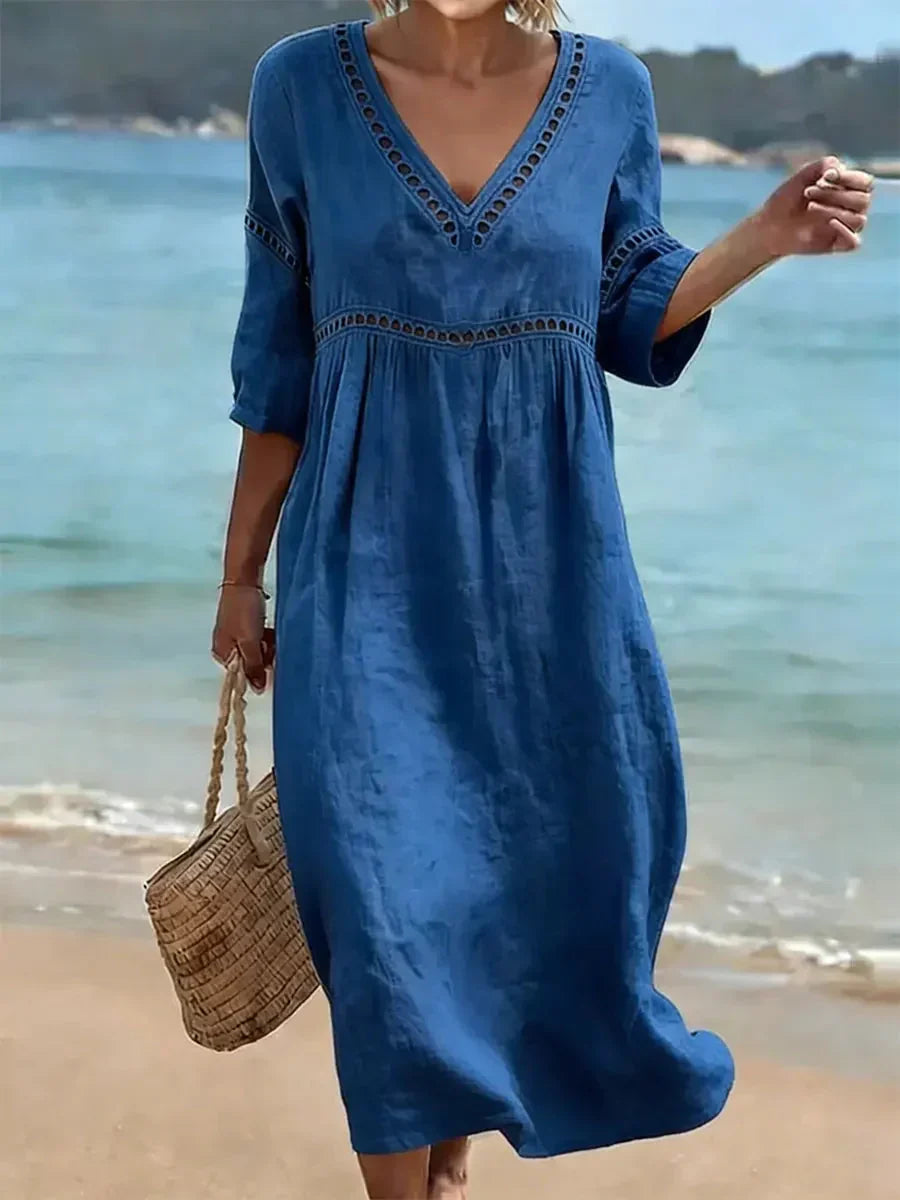 V-Neck Half Sleeve Crochet Trim Loose Maxi Beach Dress 5