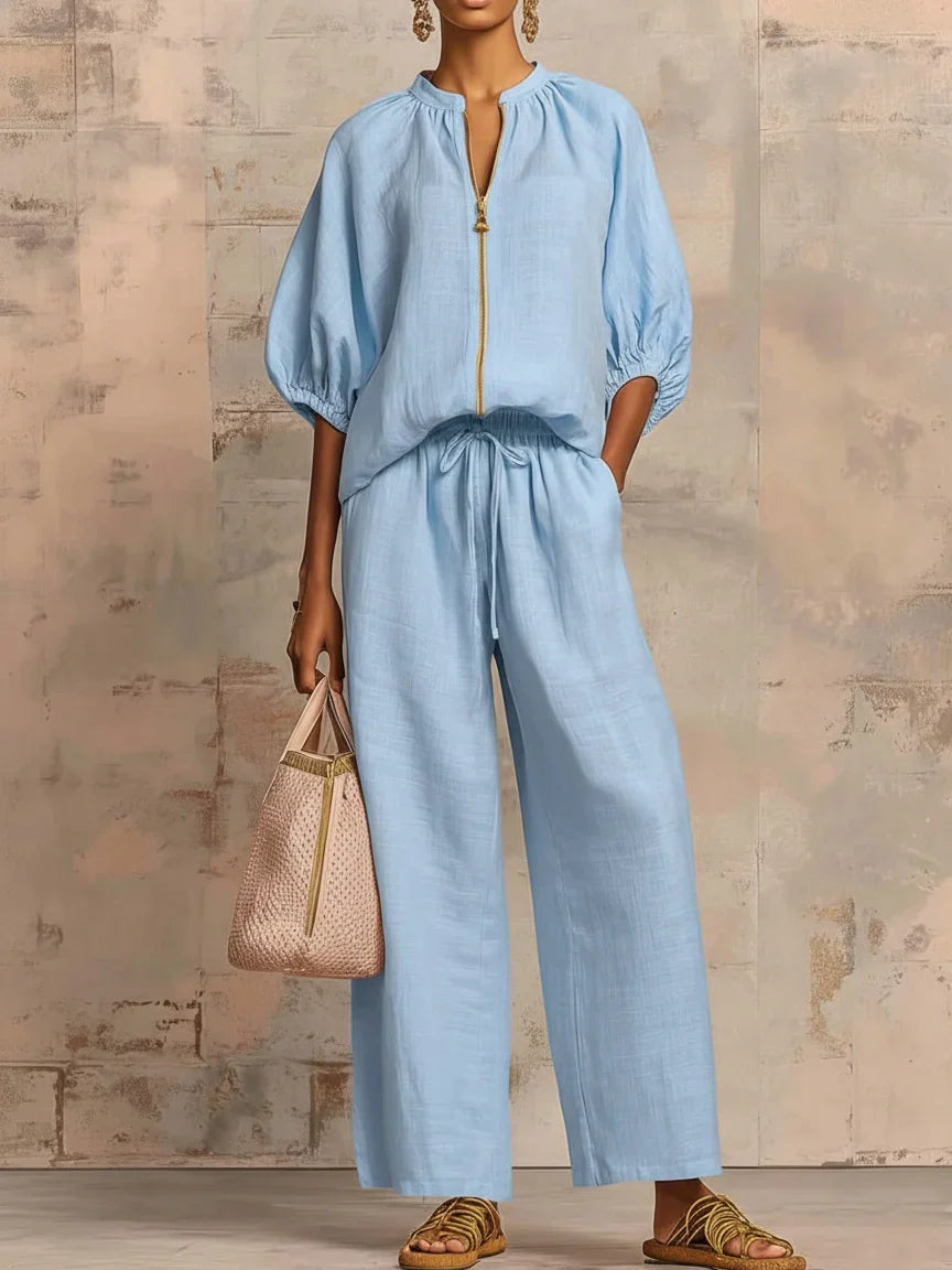 Zip Front Half Sleeve Top and Wide Leg Pants Two Piece Set