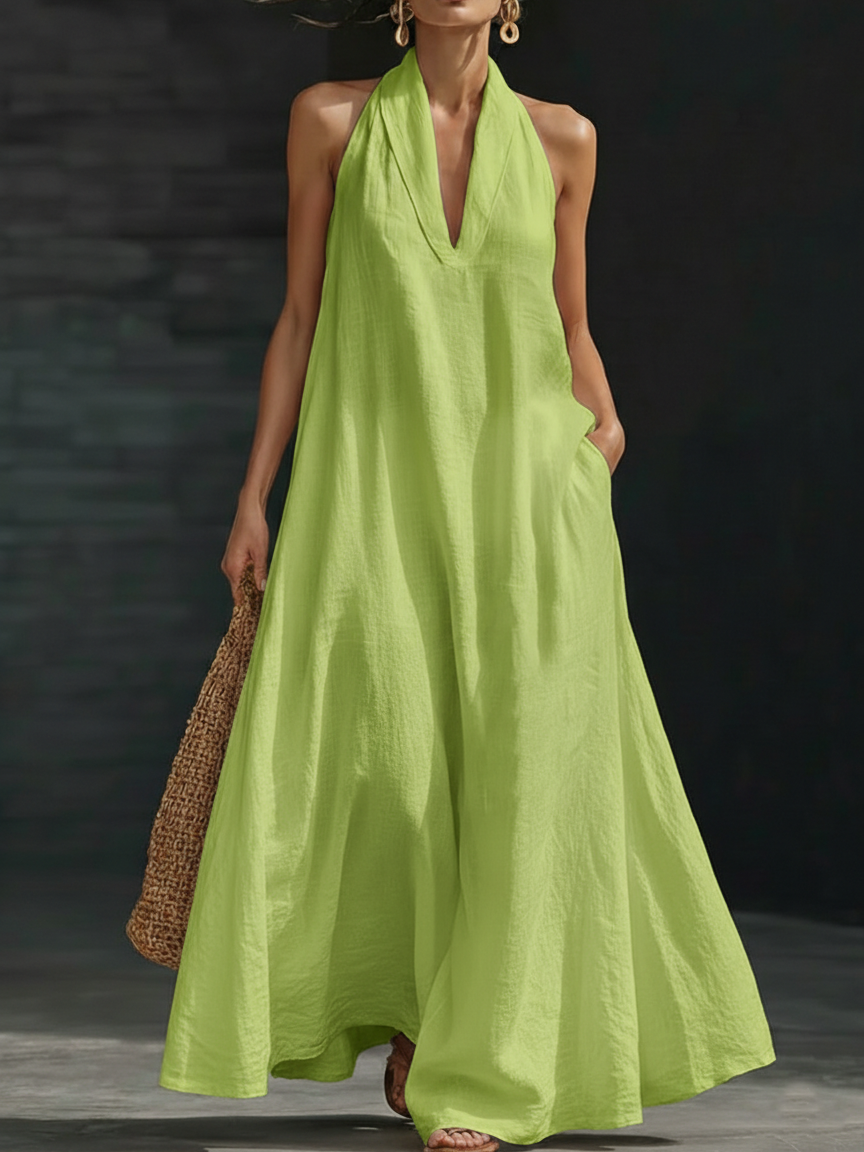 Halter Deep V-Neck Sleeveless Flowy Maxi Dress