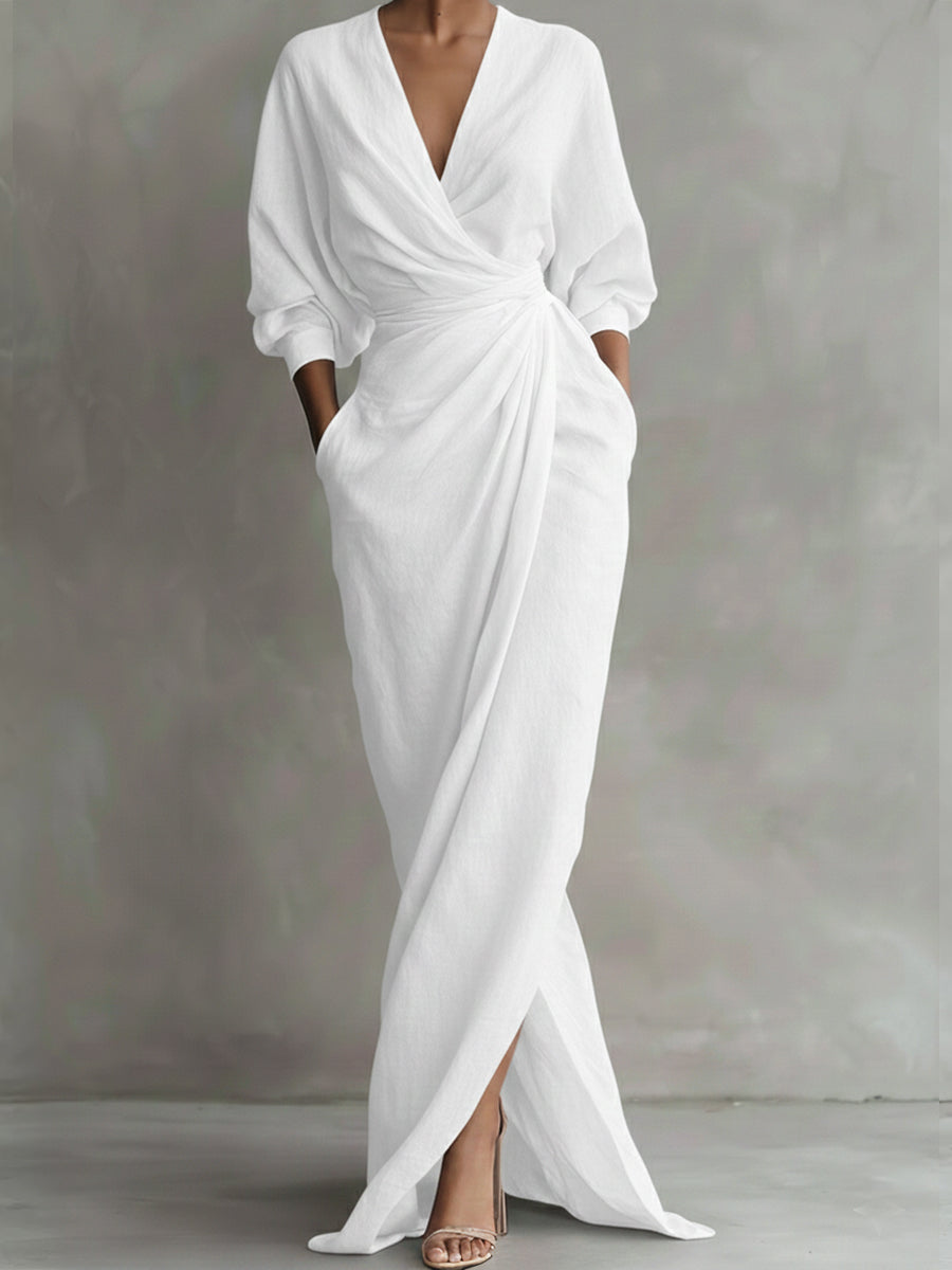 V-Neck Long Sleeve Wrap Draped Maxi Dress