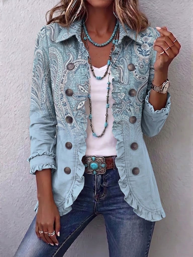Paisley Print Ruffle Trim Button Down Shacket