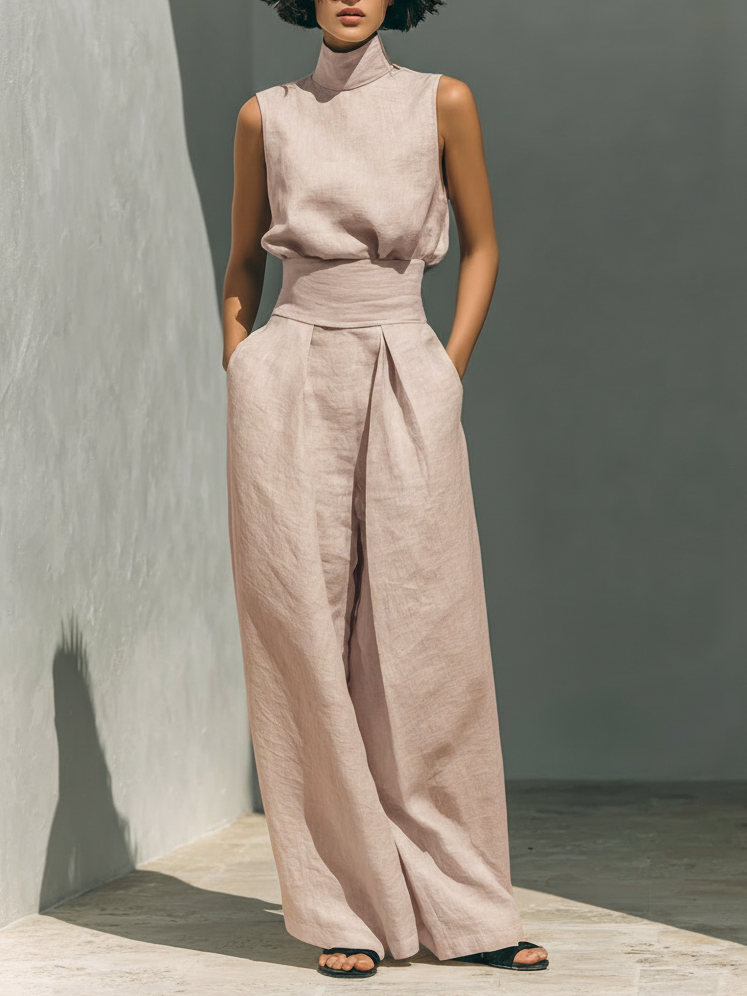 Sleeveless Mock Neck Top and Wide Leg Pants Two Piece Set