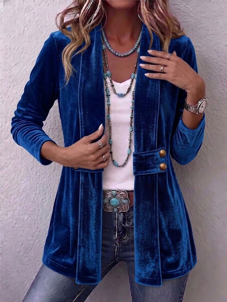 Open Front Flap Pocket Button Velvet Jacket