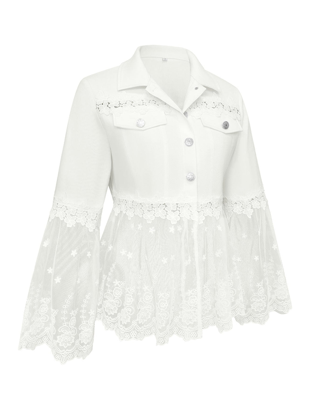 Lace Panel Mesh Hem Button Front Denim Jacket
