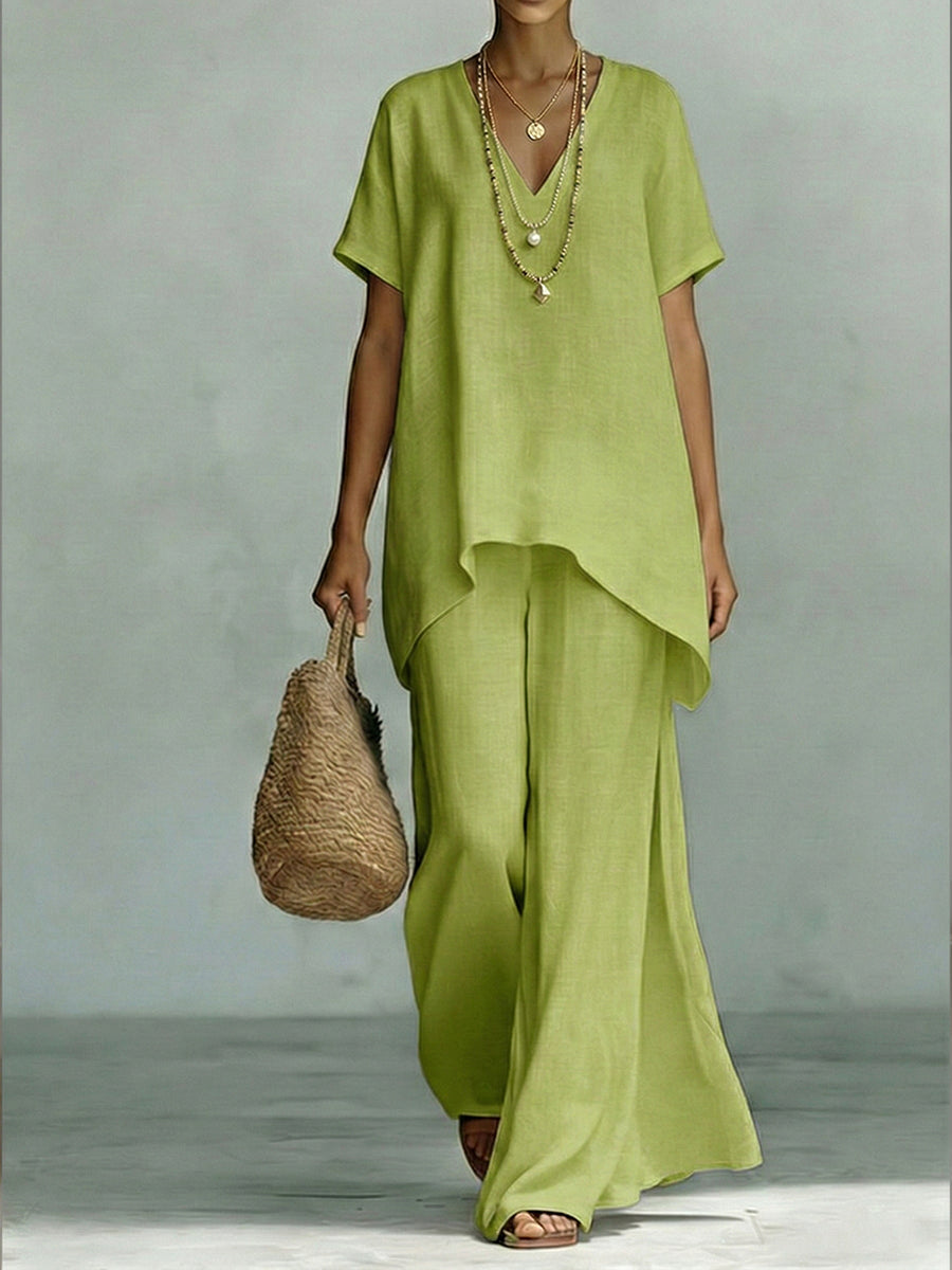 V-Neck Short Sleeve High Low Top and Wide Leg Pants Two Piece Set