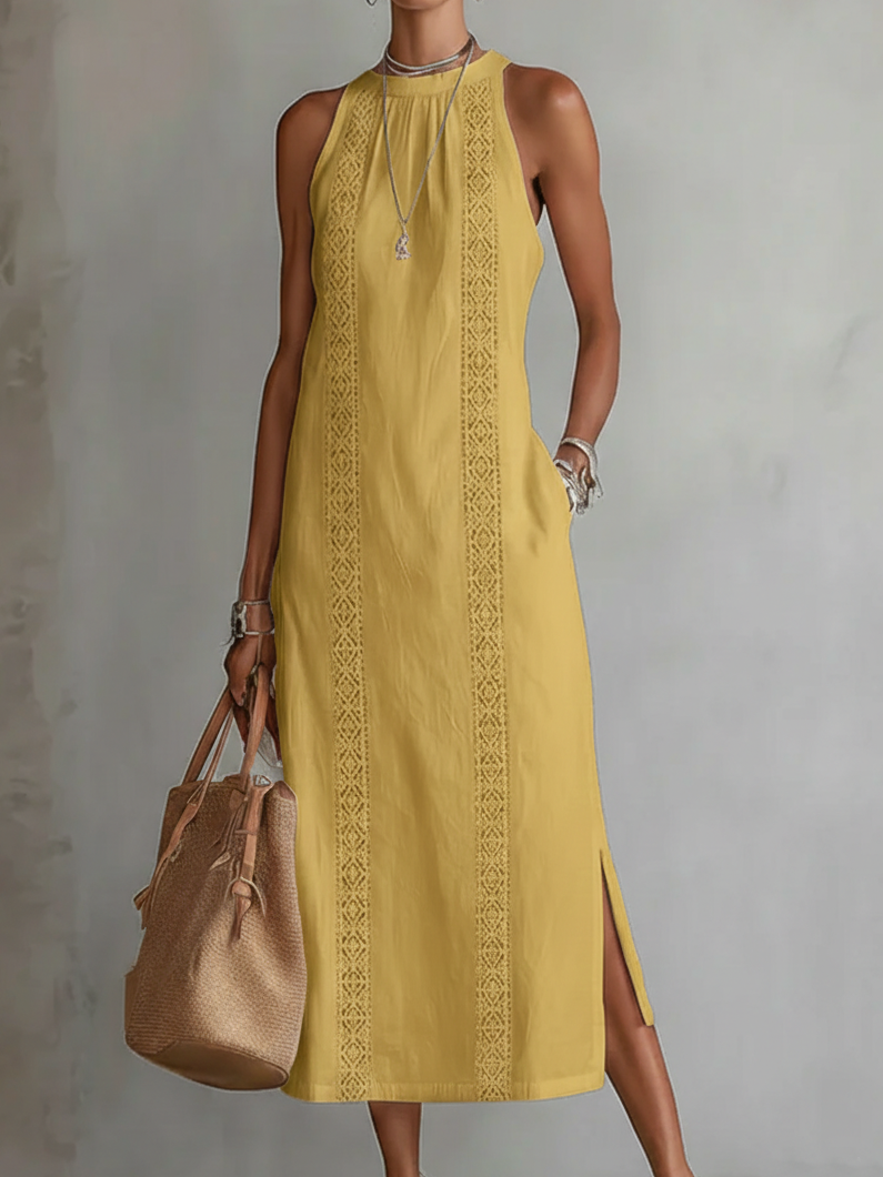Halter Neck Lace Trim Side Split Maxi Dress