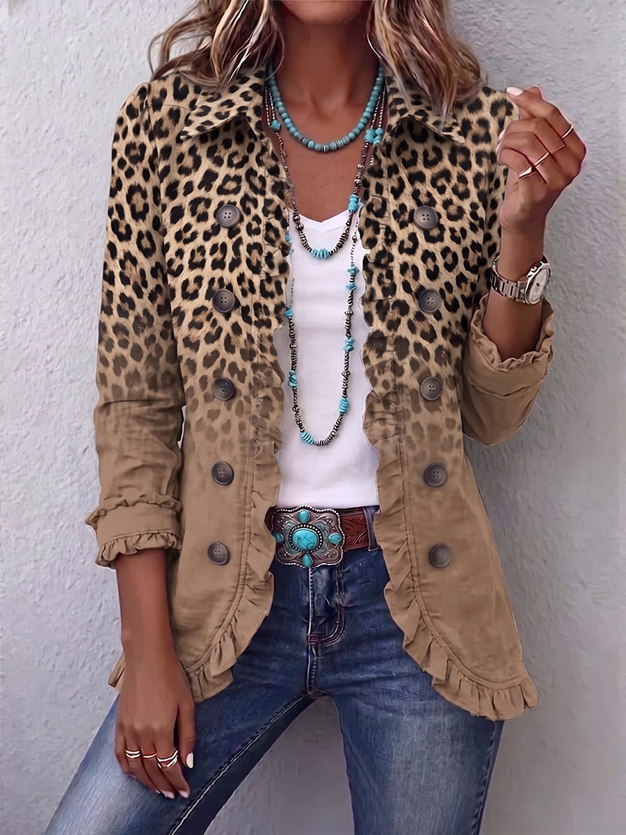 Leopard Print Ruffle Trim Button Front Jacket