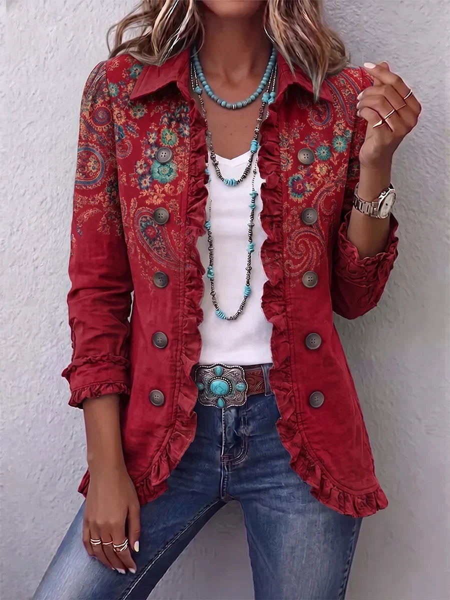 Paisley Print Ruffle Trim Button Front Jacket