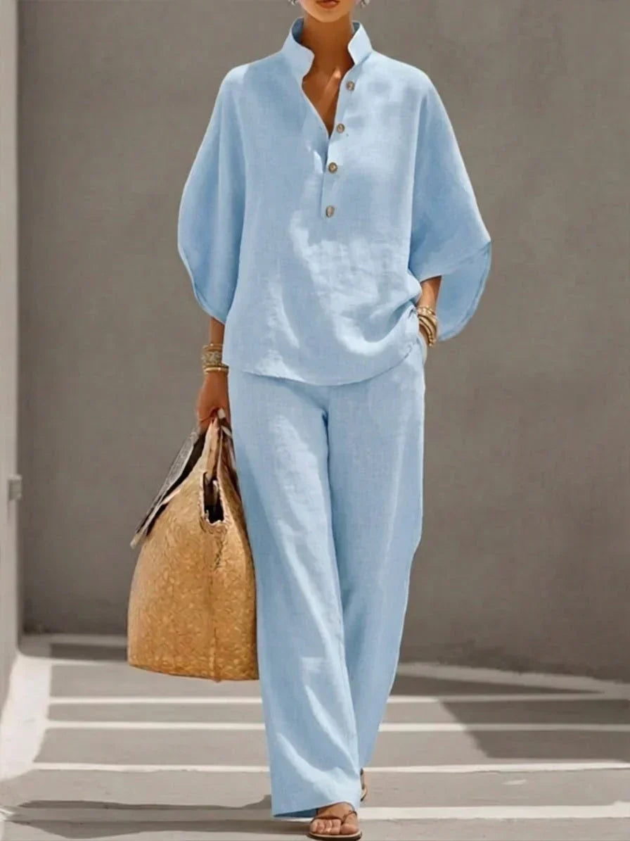 Stand Collar Button Front Top and Wide Leg Pants Two Piece Set