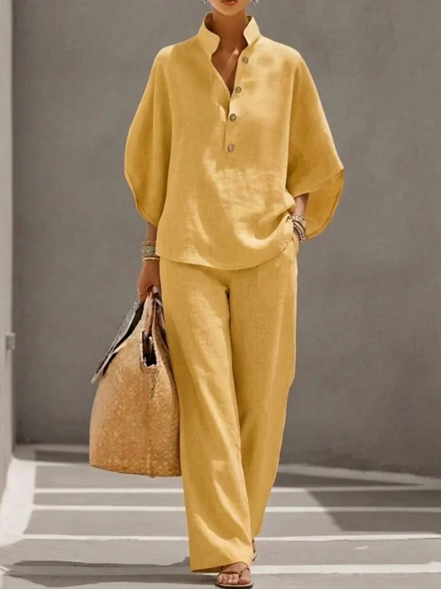 Stand Collar Button Front Top and Wide Leg Pants Two Piece Set