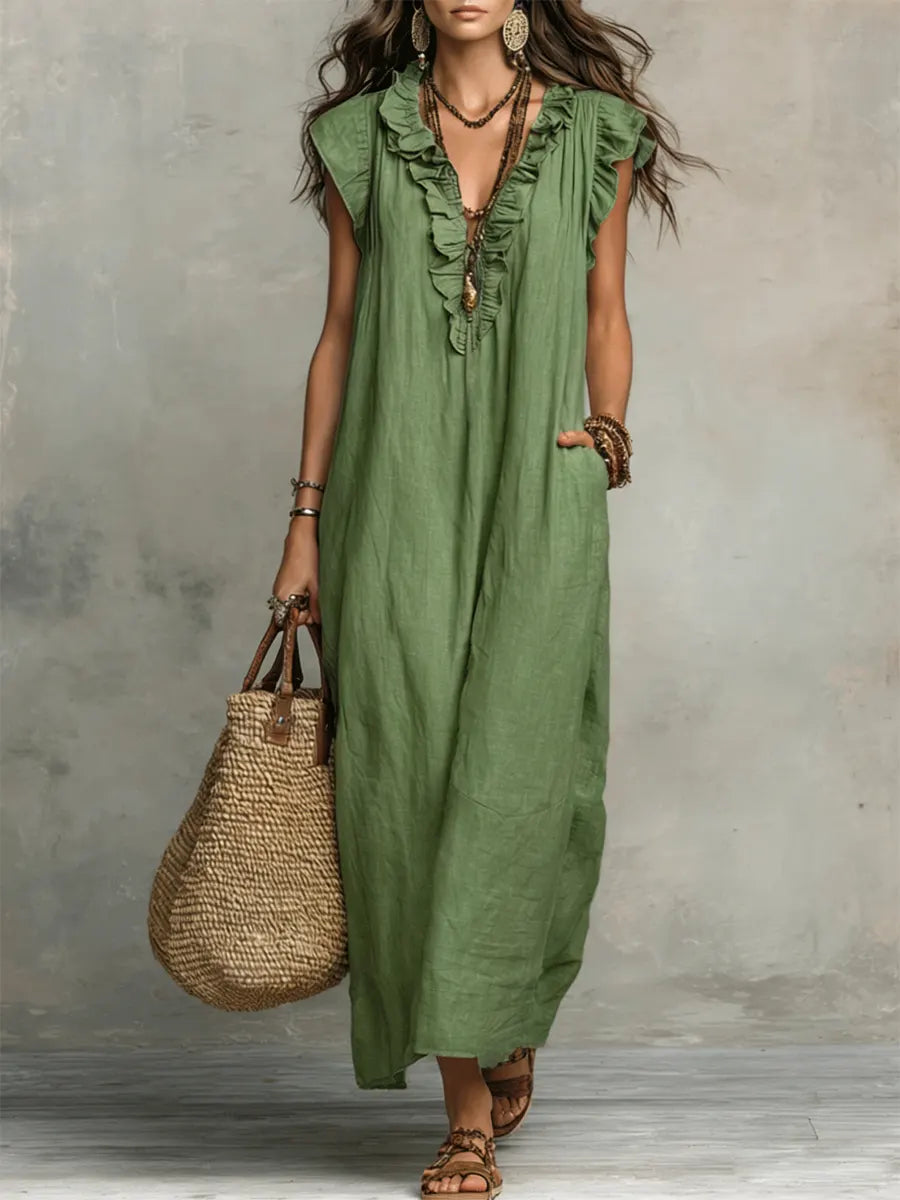 Ruffle V-Neck Sleeveless Pocket Linen Maxi Dress