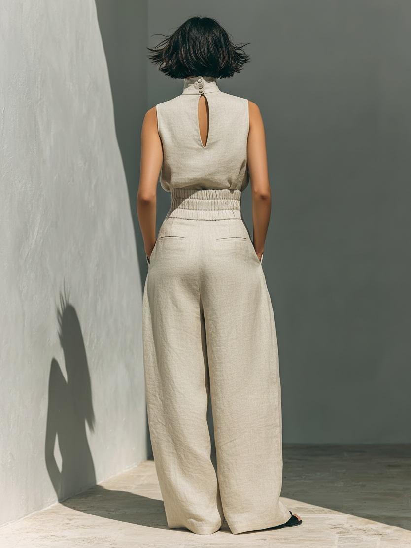 Sleeveless Mock Neck Top and Wide Leg Pants Two Piece Set