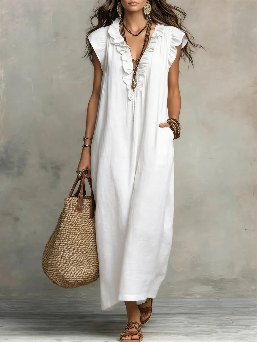 Ruffle V-Neck Sleeveless Pocket Linen Maxi Dress