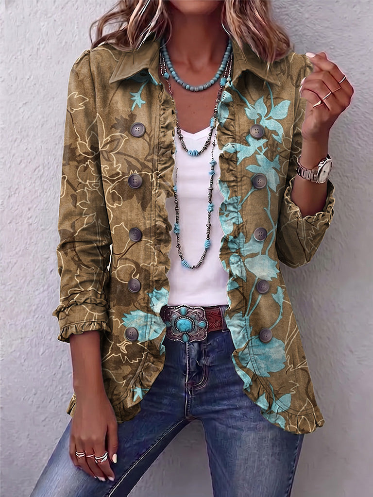 Floral Print Ruffle Trim Button Front Shirt Jacket