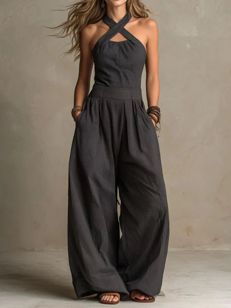 Cross Halter Neck Cut Out Wide Leg Jumpsuit