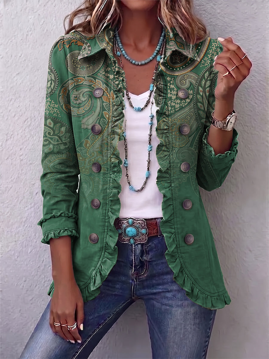 Paisley Print Ruffle Trim Button Front Jacket