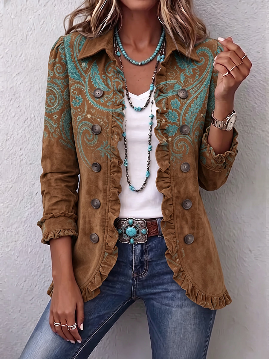 Paisley Print Ruffle Trim Button Front Suede Look Jacket