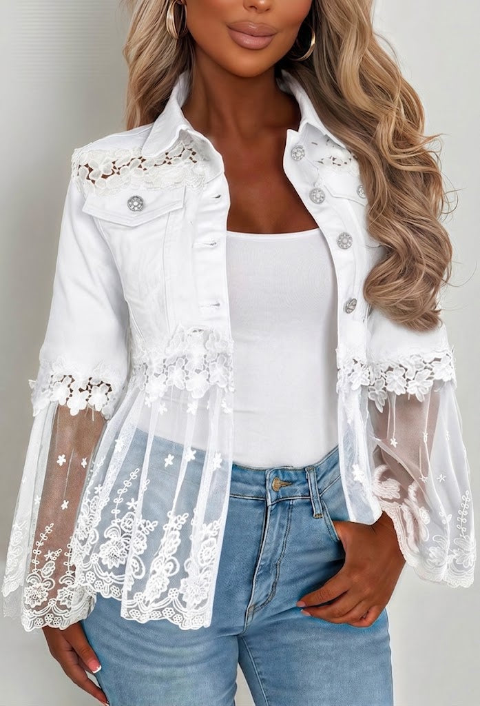 Lace Panel Mesh Hem Button Front Denim Jacket