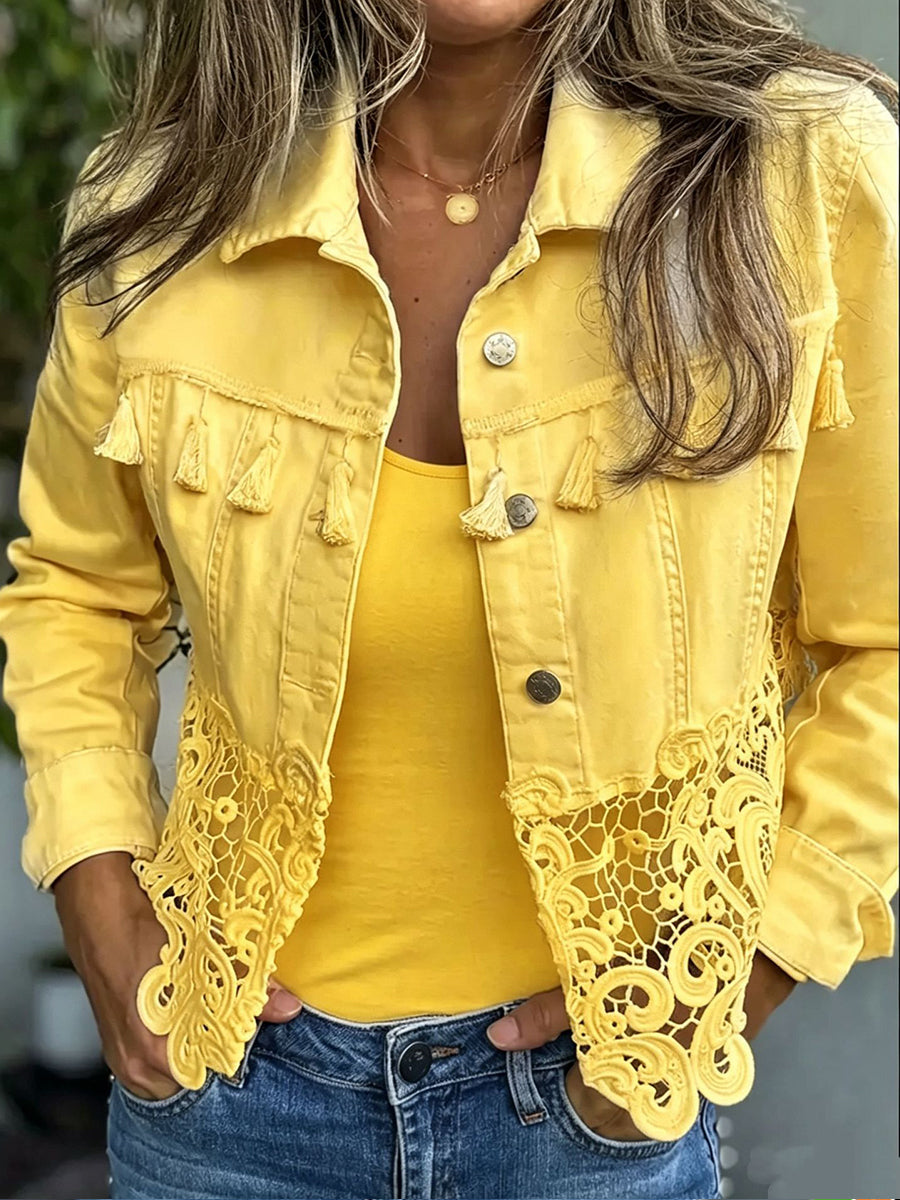 Crochet Lace Trim Cropped Denim Jacket