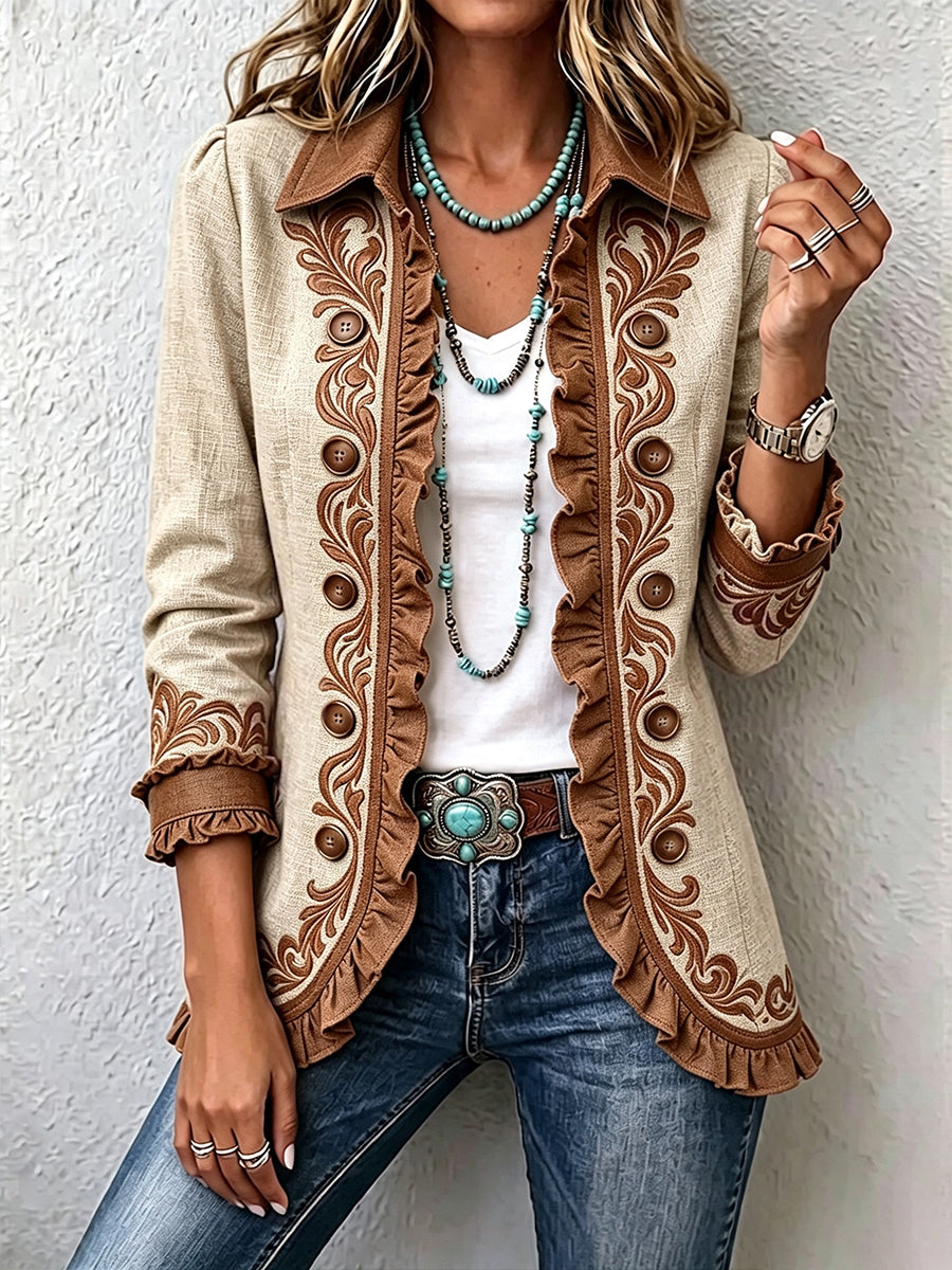 Paisley Print Ruffle Trim Collared Button Front Jacket