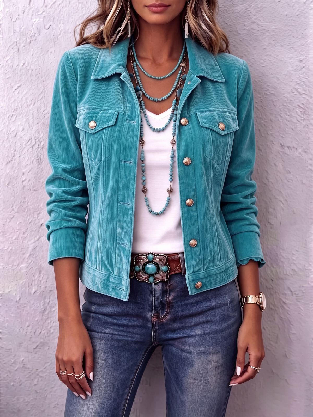 Collared Button Front Chest Pocket Velvet Trucker Jacket