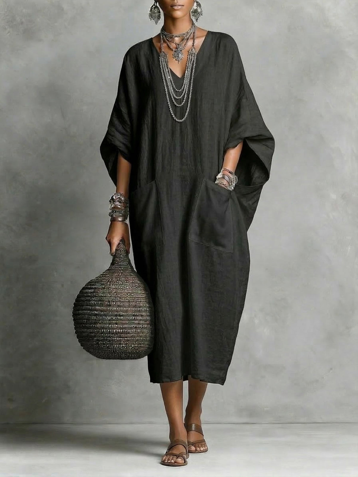 V-Neck Short Sleeve Kaftan Maxi Dress