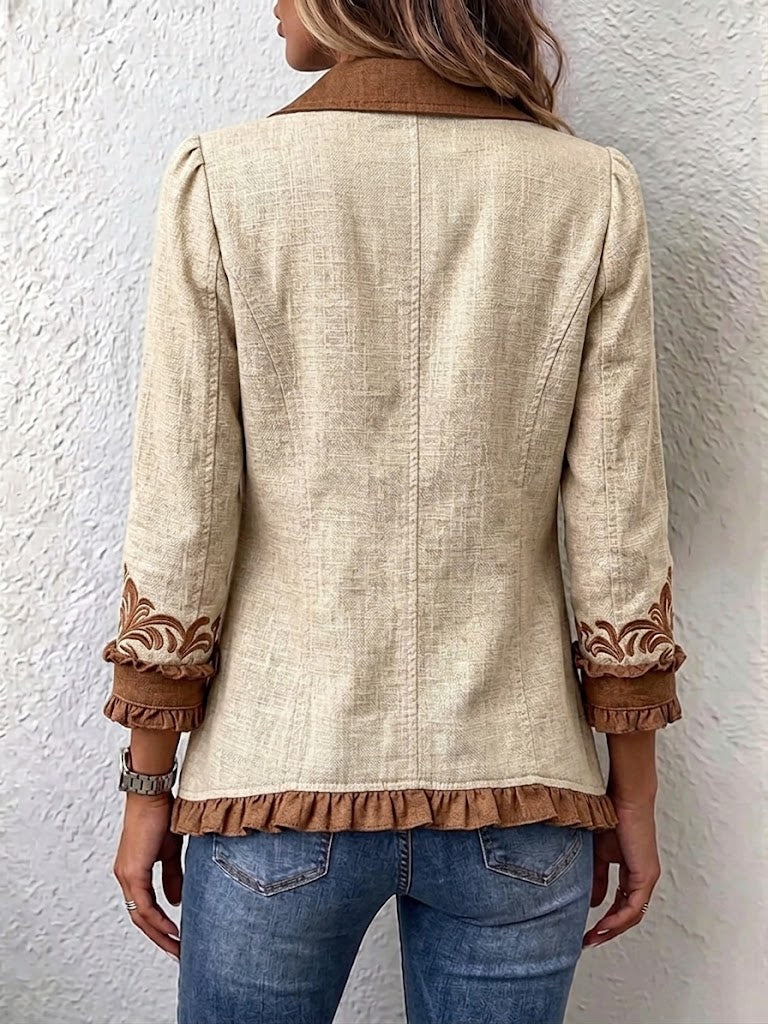 Paisley Print Ruffle Trim Collared Button Front Jacket