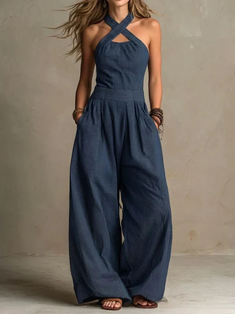 Cross Halter Neck Cut Out Wide Leg Jumpsuit