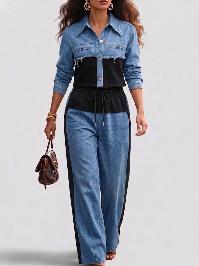 Collared Crop Denim Shirt and Side Stripe Pants Two Piece Set